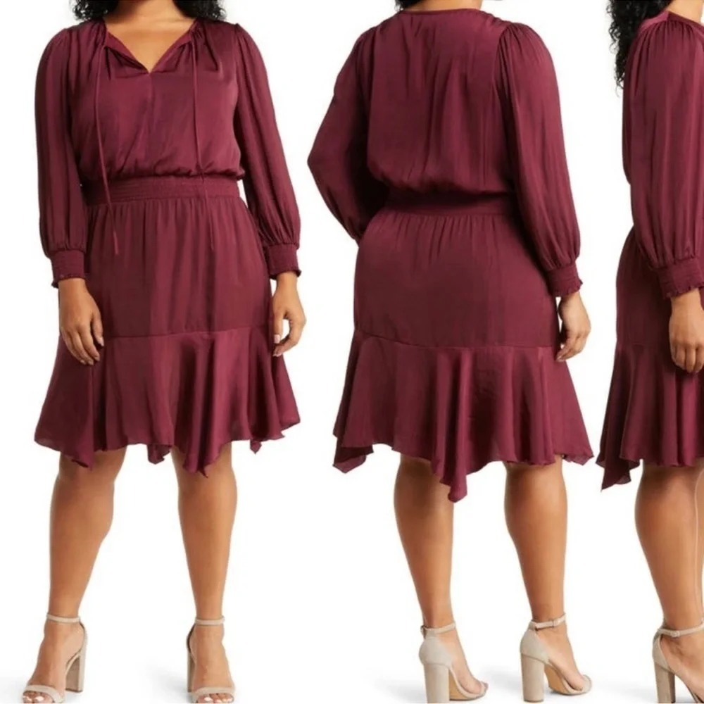 SAM EDELMAN SMOCKED LONG SLEEVE BURGUNDY A LINE DRESS - Picture 10 of 10